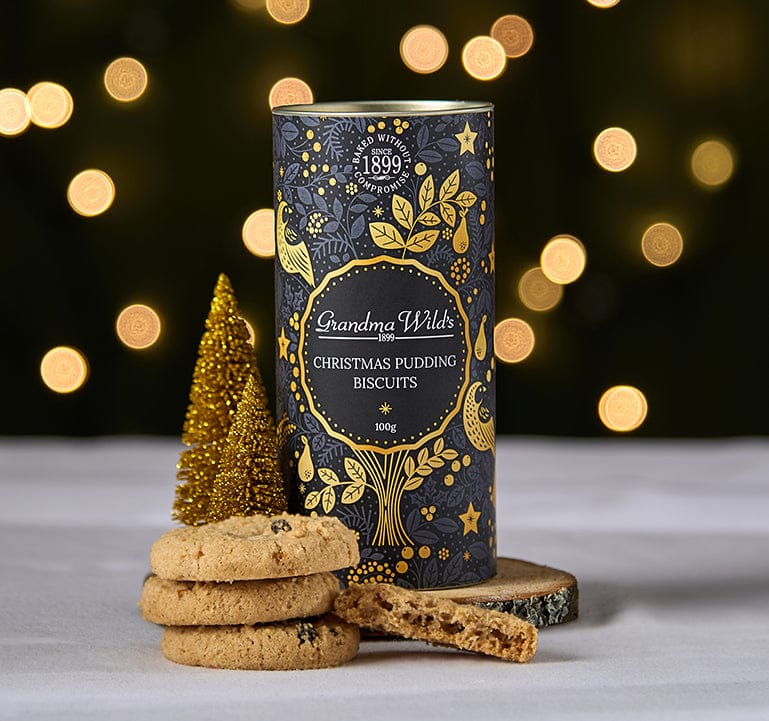 Grandma&#39;s Cookies Grandma Wild&#39;s Christmas Pudding Biscuits in Ornate Tube