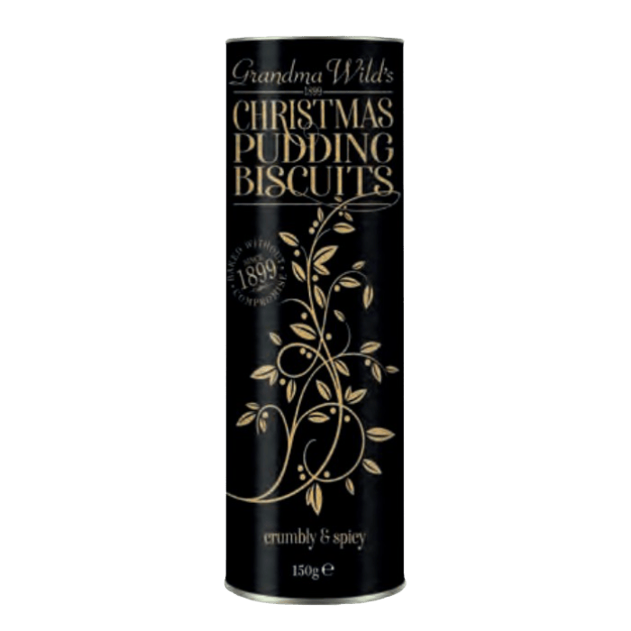 Grandma&#39;s Cookies Grandma Wild&#39;s Christmas Pudding Biscuits in Ornate Tube