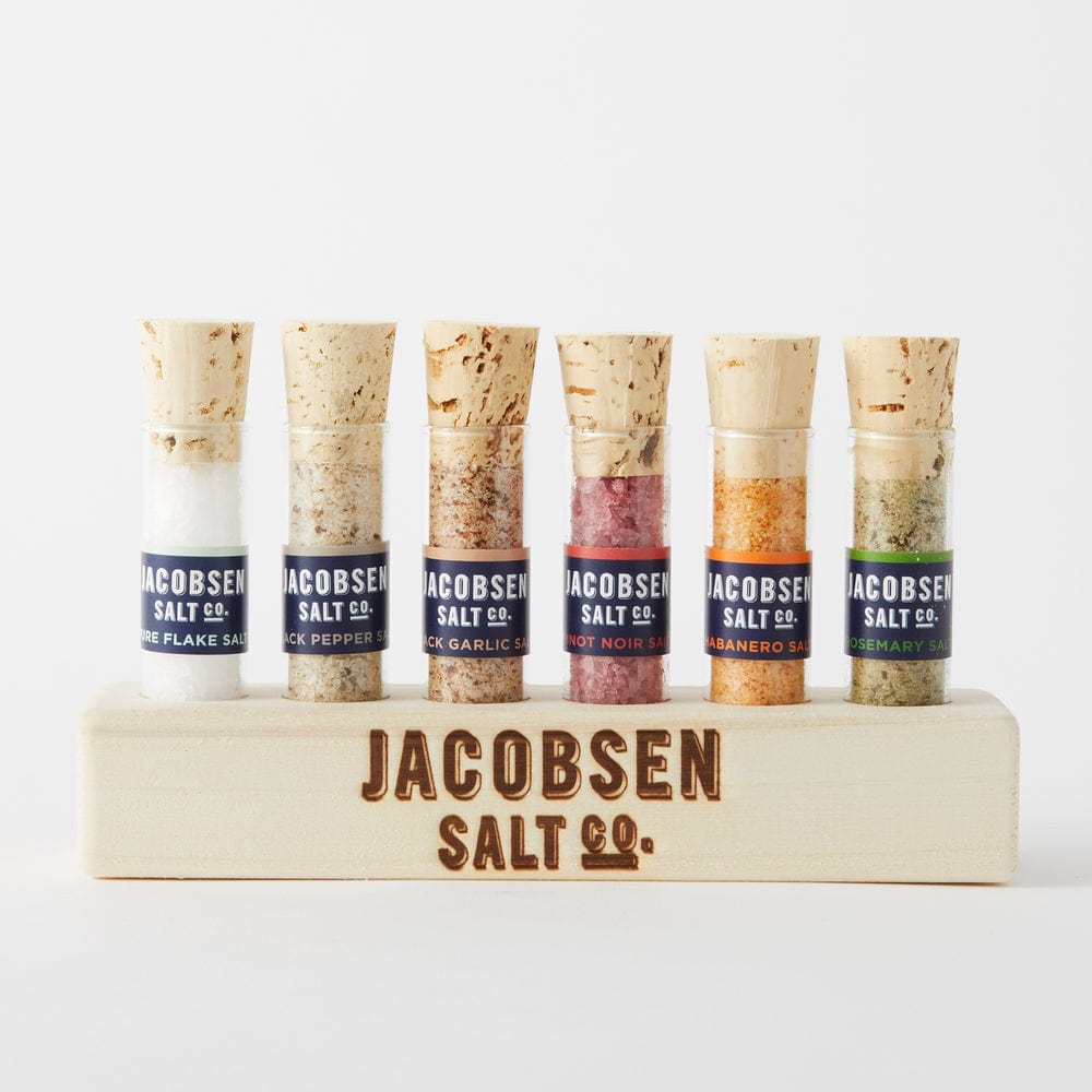 Jacobsen&#39;s Jacobsen Salt Co. Six Vial Infused Salt Set with Branded Wood Stand
